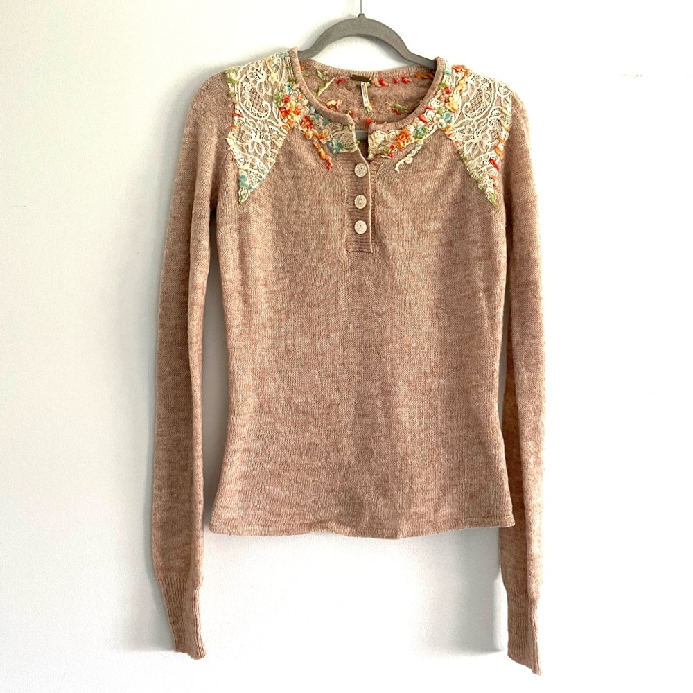 Free People Wool Blend Lace Sweater With Floral Detail